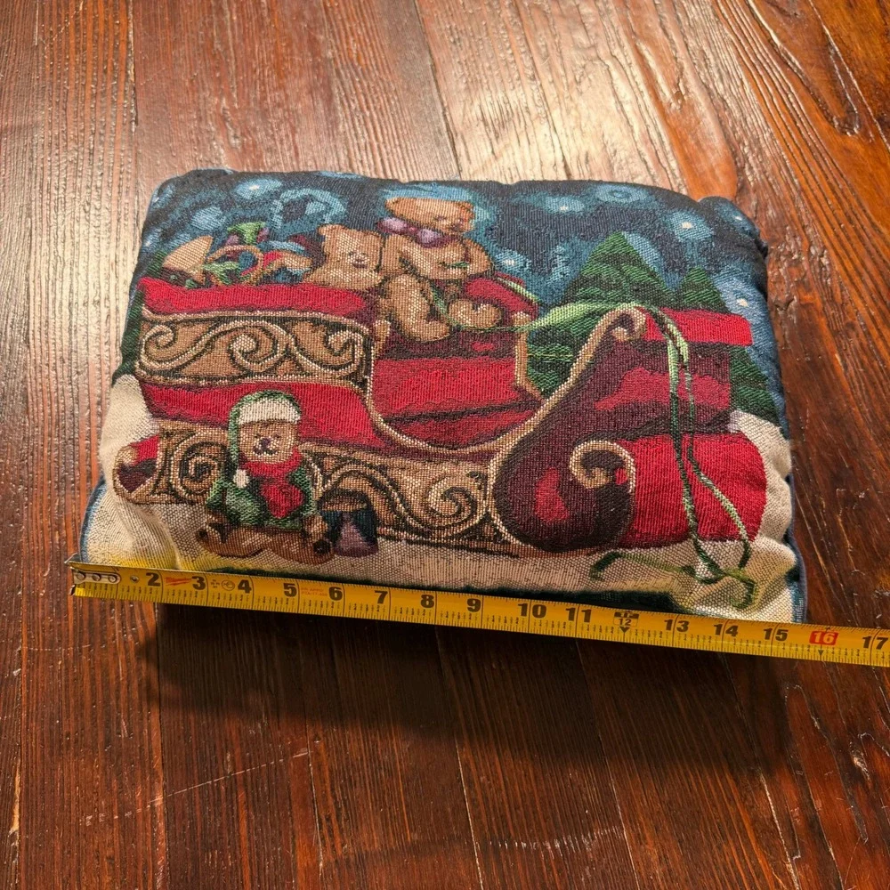 Vintage Christmas Teddy Bear Sleigh Tapestry Throw Pillow Navy Blue 15x11